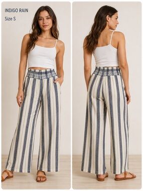 Indigo Rain Linen Blend Striped Wide Leg Pants Size S Boho Coastal